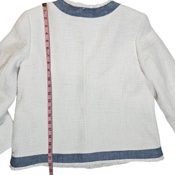 Talbots Petites White Denim Tweed Blazer Jacket Size 12P Button Up Fringed Chic - Picture 14 of 16